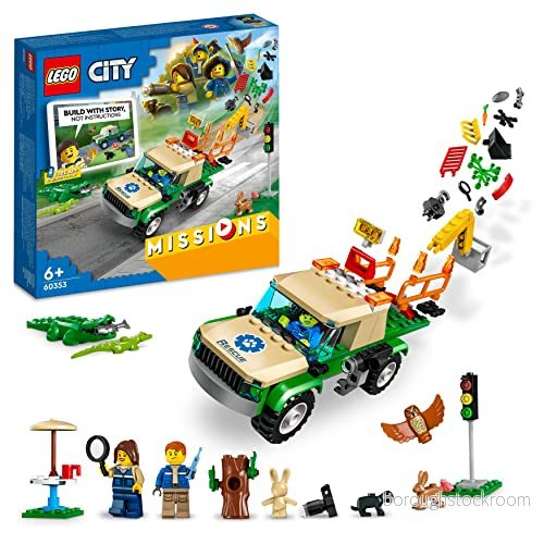 LEGO 60353 City Missions Räddningsuppdrag med vilda djur Interaktiv Byggsats Tillhörande Mobilapp, Innehåller 3 Minifigurer och 6 Leksaksdjur, för Barn över år 5702017189741