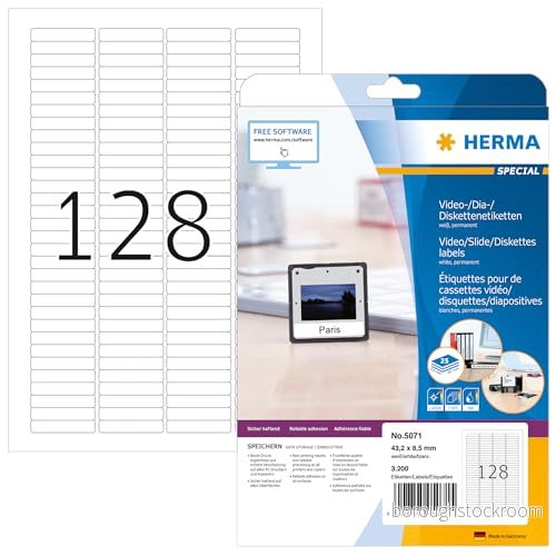 HERMA 5071 dia etiketter A4, set med 32 (43,2 x 8,5 mm, 800 ark, papper, matt) självhäftande, utskrivbara, permanenta diabildsetiketter, 102 400 klistermärken, vit 4008705873079