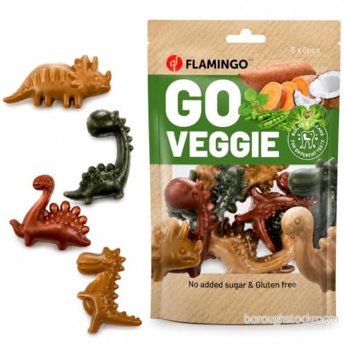 Flamingo godis hund Veggie Dino Mix färgglad storlek S 120 g glutenfri original tuggbelöning 5400585289862