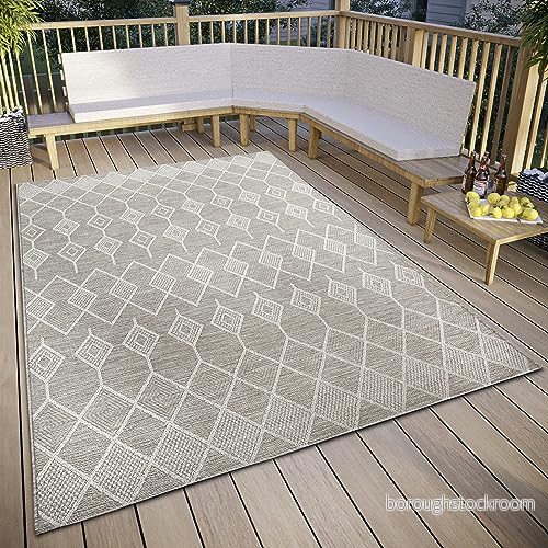 ELLE Decoration Pitu in och utomhatta makramé boho etnomönster platt tyg, väderbeständig för vardagsrum, hall, balkong, terrass, trädgård beige, 155 x 230 cm 4262377779569