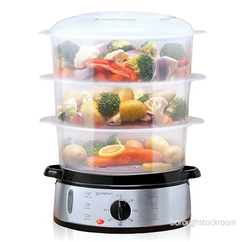 alpina Ångkokare 230V/800W 3 Lagerskokare BPA fri Tål maskindisk 0 till 60 minuter 9 liters kapacitet Grå 8711292026051