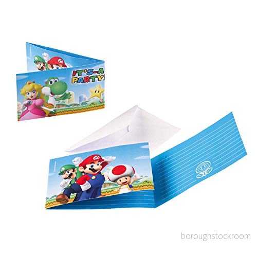 Amscan 9901543 inbjudningskort Super Mario med kuvert, 8 stycken, storlek 7,9 x 14,1 cm, barnfödelsedag, temafest 13051695583