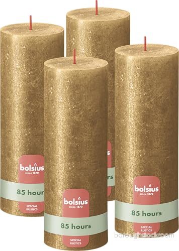 Bolsius rustikt pelarljus skimmer guld paket med 4 lång brinntid på 85 timmar hushållsljus heminredning oparfymerad inkluderar naturligt veganskt vax ingen palmolja 19 x 7 cm 8717847150998