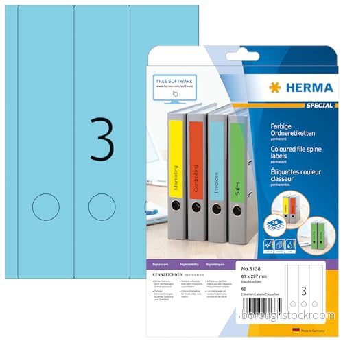 HERMA 5138 mappetiketter A4 bred/lång, set med 32 (61 x 297 mm, 640 ark, papper, matt) självhäftande, utskrivbara, permanenta mappa ryggetiketter, 1 920 filetiketter, blå 4008705873437