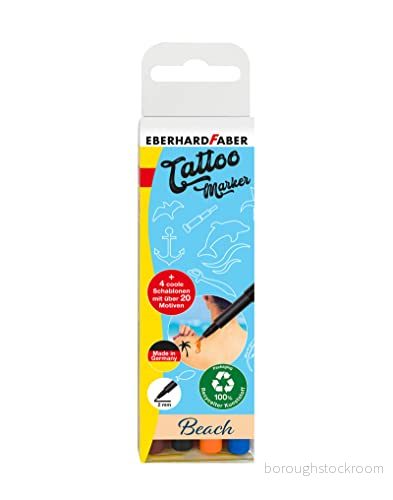 Eberhard Faber 559502 Set med tatueringspennor på stranden 4 markörer i olika färger stenciler, fodral, tvättbar, för kreativ design av huden 4087205595025