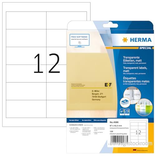 HERMA 4586 väderbeständiga folieetiketter A4 transparent, set med 32 (97 x 42,3 mm, 320 ark, polyesterfolie, matt) självhäftande, utskrivbara, permanenta filmetiketter, 3 840 klistermärken 4008705923514