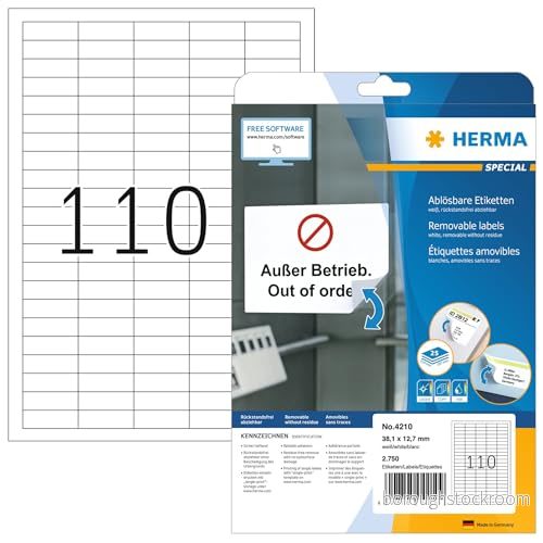 HERMA 4210 universella etiketter A4 avtagbart, små, set med 32 (38,1 x 12,7 mm, 800 ark, papper, matt) självhäftande, utskrivbara, avtagbara och återhäftande adressetiketter, 88 000 klistermärken, vit 4008705870535