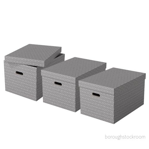 Esselte Stor förvaringslåda med lock, 3 pack, hem/kontorsförvaring och organisation, 100 % återvunnen kartong, återvinningsbar, hem geometrisk design, grå, 628287 4049793072326