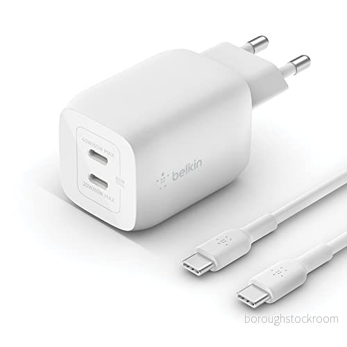 Belkin 65 W dubbel USB Type C väggladdare, till kabel medföljer, snabbladdande Power Delivery 3.0 med GaN teknik, laddare för iPhone 15, iPad Pro, MacBook, Galaxy S24, Pixel och fler 745883844678