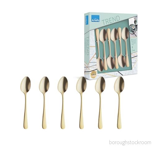 Amefa AUSTIN Espressolöffel 6 delad exklusiv design i Trendfarbe Edelstahl mit PVD Veredelung Guld satinfinish 12 cm Esspresso Löffel mini Espressobryggare liten 8711155454564