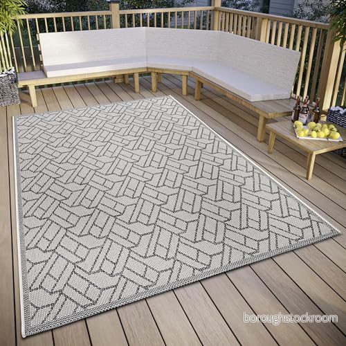 HANSE Home Eru in och utomhatta väderbeständig modernt sicksackmönster, vattentät robust utomhatta, platt väv för trädgård, balkong, terrass, vardagsrum beigegrå, 155 x 235 cm 4068226002020
