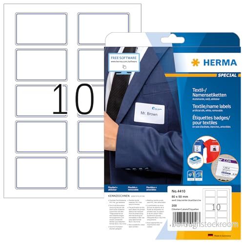 HERMA 4410 namnetiketter A4 avtagbart (80 x 50 mm, 20 ark, acetatsilke) självhäftande, utskrivbara, avtagbara namnklistermärken utan rester, 200 klistermärken, vit 4008705044103