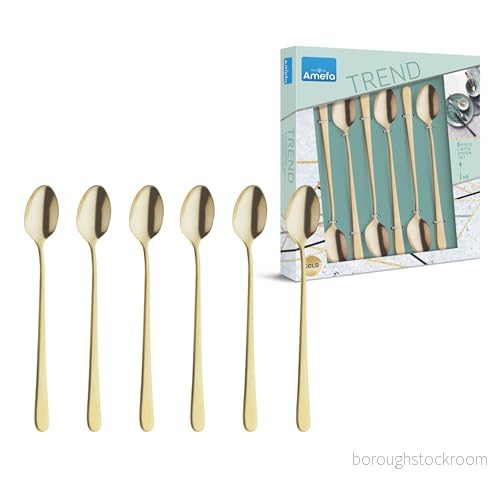Amefa AUSTIN Latte Macchiato Löffel Set 6 delar exklusiv design i Trendfarbe Edelstahl mit PVD Veredelung Guld satinfinish 19,8 cm Kaffeelöffel lång Langer för Chai 8711155454687