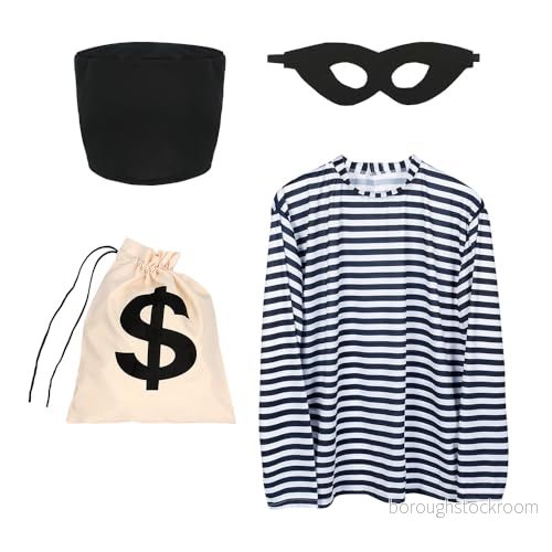 Boland 01415 Kostymset inbrottstjuv, skjorta, hatt, mask och väska, rånarkostym för vuxna, fångare, kostym JGA eller karneval 8712026014153
