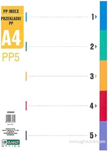 D.RECT Register för A4, PP5, 5 separationsblad, ringboksregister, flikar med nummeravtryck 15, flerfärgad, färgseparerare av PP, polypropylen 5907814635358