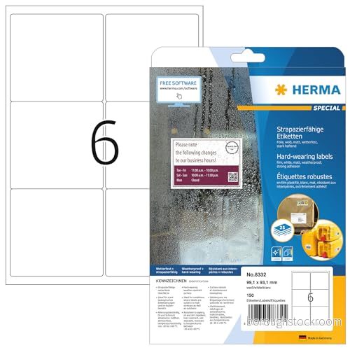 HERMA 8332 väderbeständiga folie fraktetiketter A4 (99,1 x 93,1 mm, 25 ark, polyesterfolie, matt) självhäftande, utskrivbara, extremt stark häftande adressetiketter, 150 klistermärken, vit 4008705083324