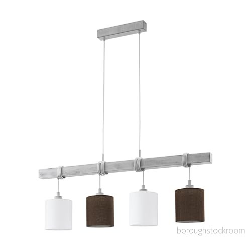 Eglo Townshend 2 pendellampor 4 glödlampor vintage modern hängande lampa trä stål i vit patina och textillinne vitt, brun matbord vardagsrum med E27 uttag 9002759499273