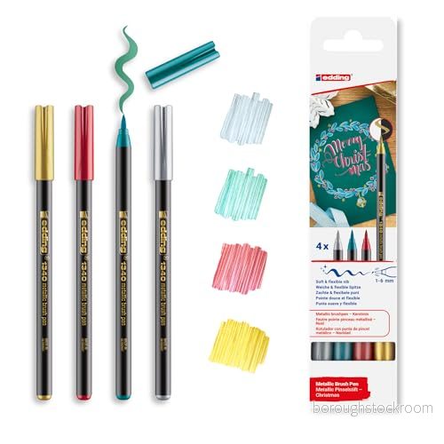 edding 1 340 metallisk penselpenna julset 4 pennor flexibel penselspets 16 mm glittrig markör för bokstäver, ritning och skissning hög opcaitet även på mörkare papper 4057305049926