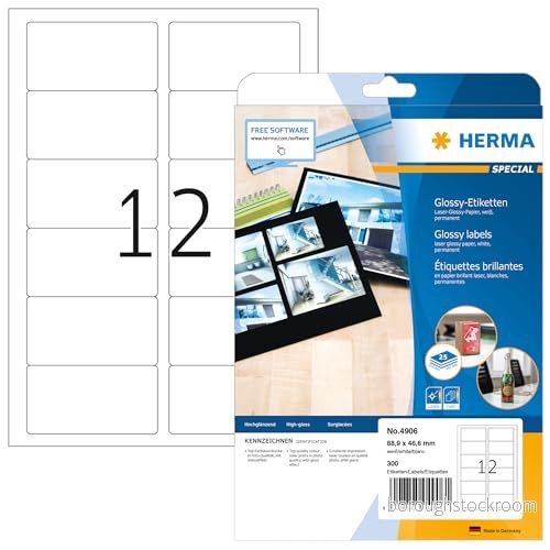 HERMA 4906 högblanka etiketter A4 (88,9 x 46,6 mm, 25 ark, papper, glansig) självhäftande, utskrivbara, permanenta högglansetiketter, 300 klistermärken, vit 4008705049061