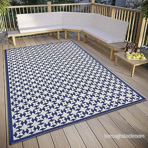 freundin Home Collection Antonia in och utomhatta design platt tyg geometriskt mönster, väderbeständig för vardagsrum, hall, balkong, terrass, trädgård gräddvit blå, 80 x 150 cm 4262377778869