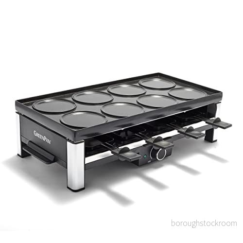 GreenPan Bistro hälsosam PFAS-fri non-stick raclette/gourmet elektrisk bordsgrill för 8 personer, 3-i-1 grill, bakplåt och stekpanna, inklusive minipannor spatel, diskmaskinssäker 4894871033337