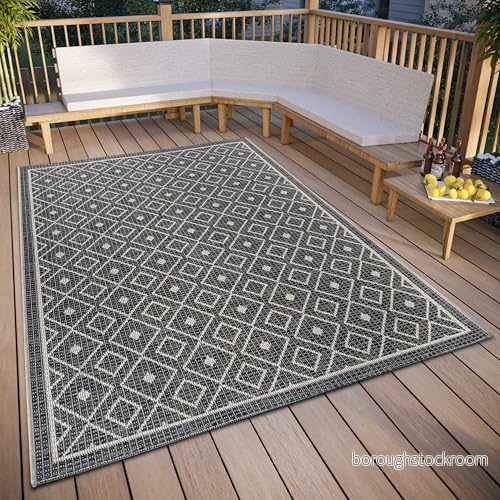 HANSE Home Lahal utomhatta väderbeständig modernt geometriskt diamantmönster, vattentät robust yttermatta, platt väv för trädgård, balkong, terrass, vardagsrum grå beige, 155 x 235 cm 4068226001870