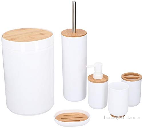 alpina Vit och naturlig bambu plast trä badrumsset med toalettborsthållare, unikt 8711252126869