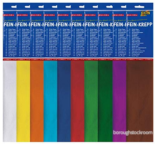 folia 82209 kräppapper, 10 lager i olika färger, varje ca 50 x 250 cm, 32 g/m², mycket elastiskt och tunt papper, med en ojämn grov yta 4001868828900
