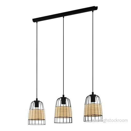Eglo Pendellampa anwick, 3 ljuskällor, hängande lampa, vintage, boho, lampa av stål och rotting, matbord, vardagsrum, i svart, natur, E27 sockel 9002759433130