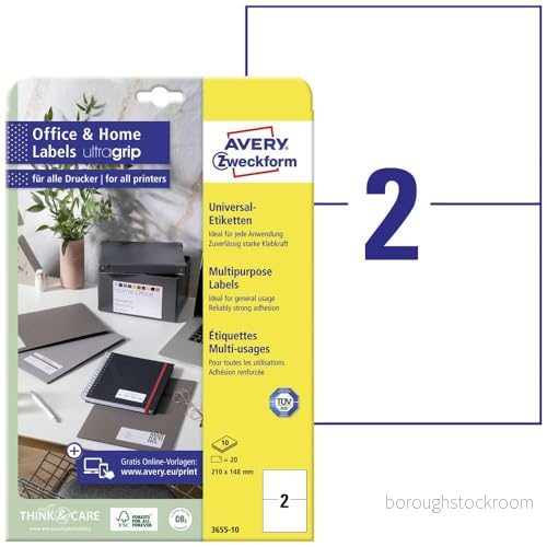 AVERY Zweckform 3655 10 universella etiketter (20 adressklistermärken, 210 x 148 mm på A4, tryckbara fraktetiketter, självhäftande med ultragrip, DHL, för HomeOffice) ark, vit 4004182617588
