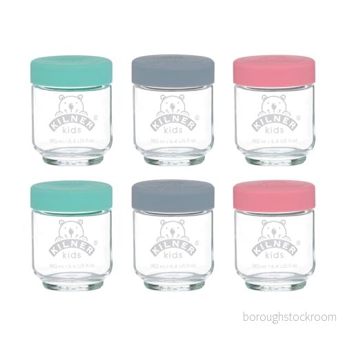 Kilner Babyglas set 190 ml/6 babygrötbehållare/förvaring, frysning och servering av hemlagad barnmat, fri från skadliga ämnen mjukningsmedel, silikonlock i 3 färger 5010853253749