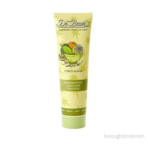 Dr. Bauer's Fruits of Love CITRUS ISLAND tandkräm, tandkräm i hållbara 90 ml rör och förpackning, med bra smaker, 1 pack (1 x ml) 4260455371308