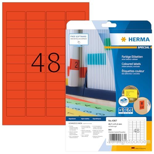 HERMA 4367 färgade etiketter A4 avtagbart, set med 32 (45,7 x 21,2 mm, 640 ark, papper, matt) självhäftande, utskrivbara, avtagbara och återhäftande färgetiketter, 30 720 klistermärken, röd 4008705871228